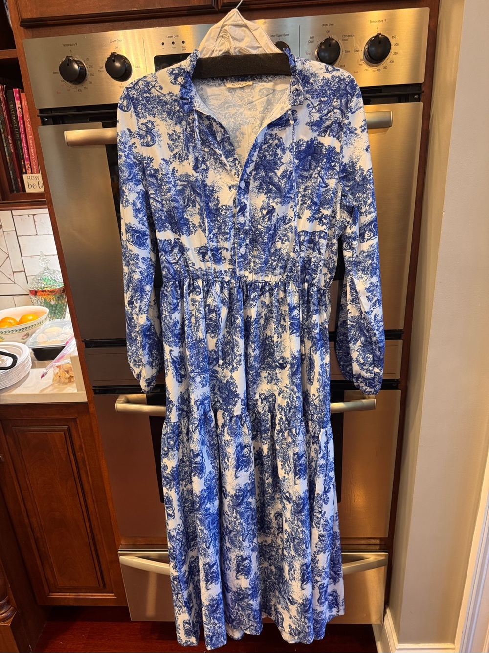 Blue and White Printed Collared Maxi Dress by SundayUp
